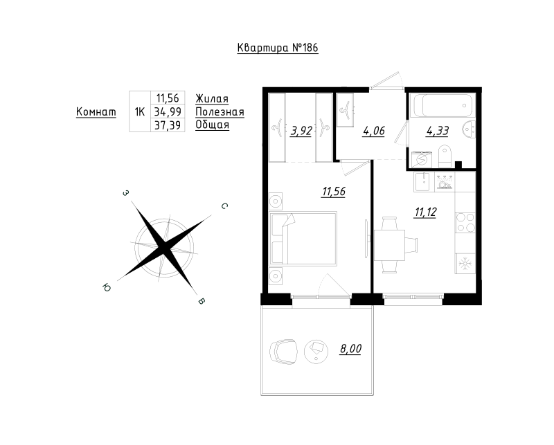 1 ккв 37,4 м²