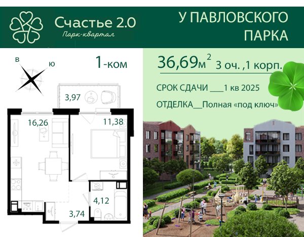 2 ккв (Евро) 36,7 м²
