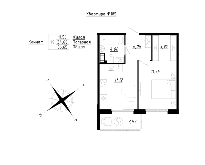 1 ккв 36,7 м²