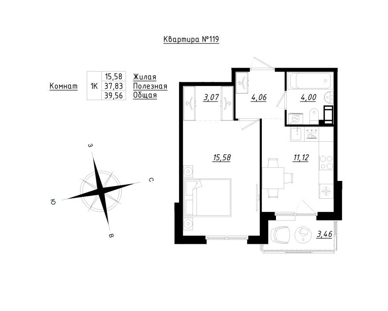 1 ккв 39,6 м²