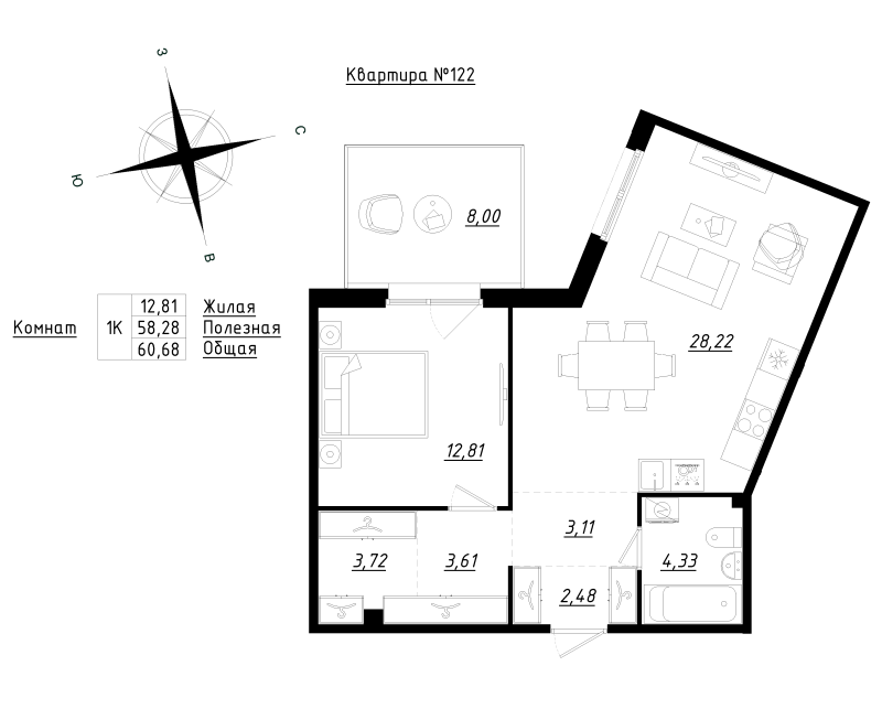 2 ккв (Евро) 60,7 м²