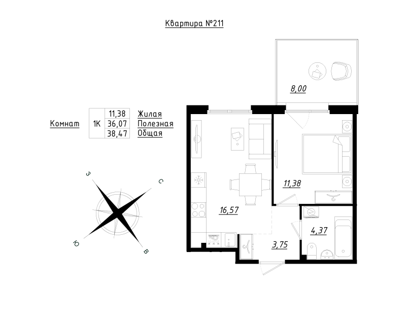 2 ккв (Евро) 38,5 м²