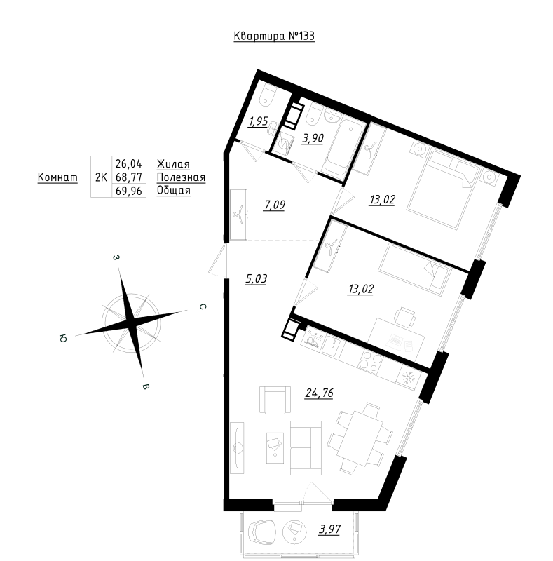 3 ккв (Евро) 70 м²