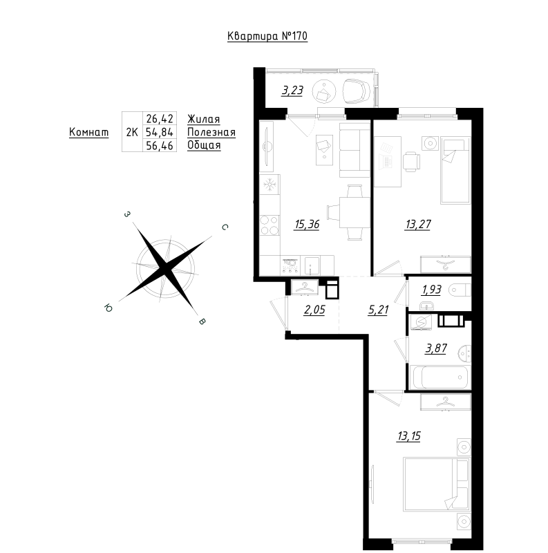3 ккв (Евро) 56,7 м²