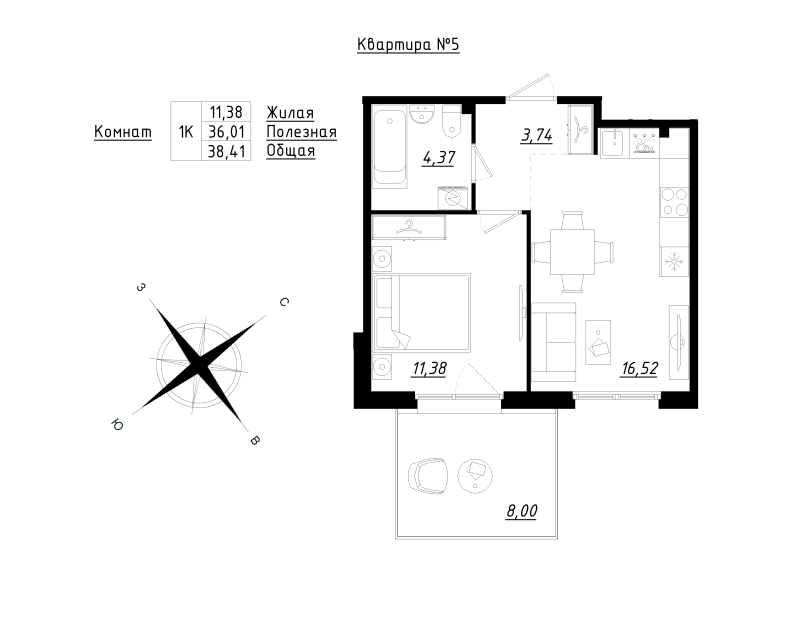 2 ккв (Евро) 38,4 м²