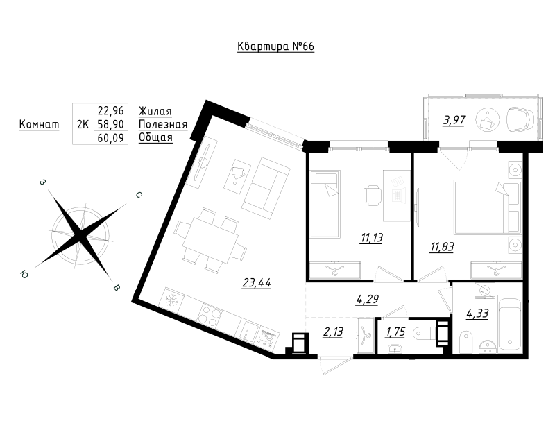 3 ккв (Евро) 60,1 м²