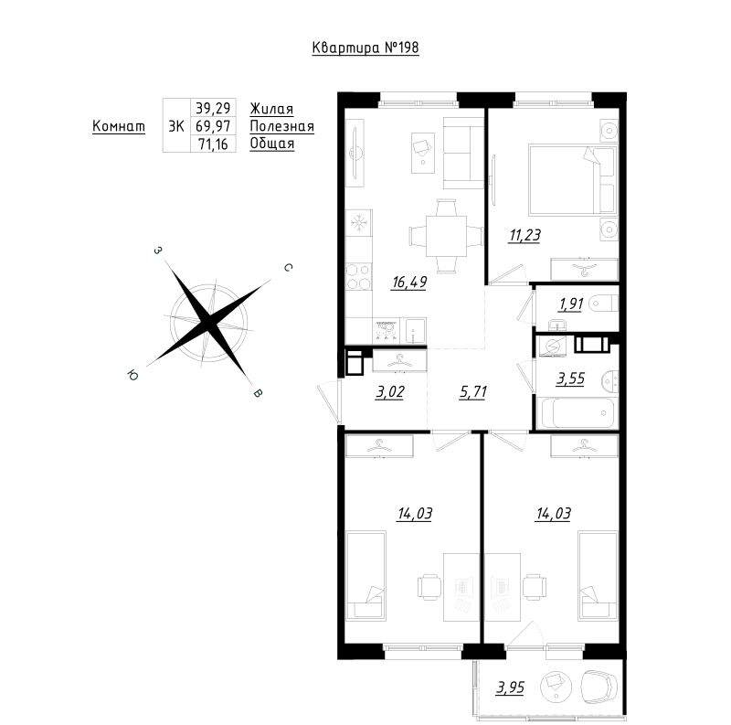4 ккв (Евро) 71,2 м²