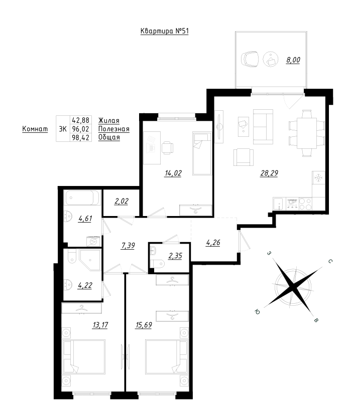 4 ккв (Евро) 98,4 м²