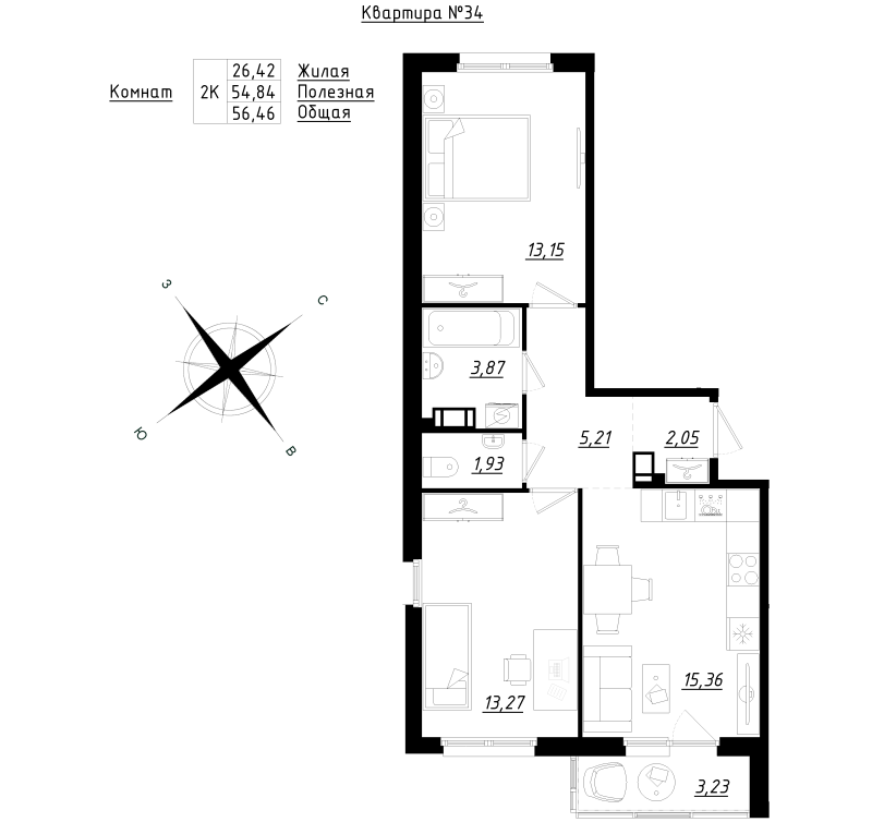 3 ккв (Евро) 56,7 м²