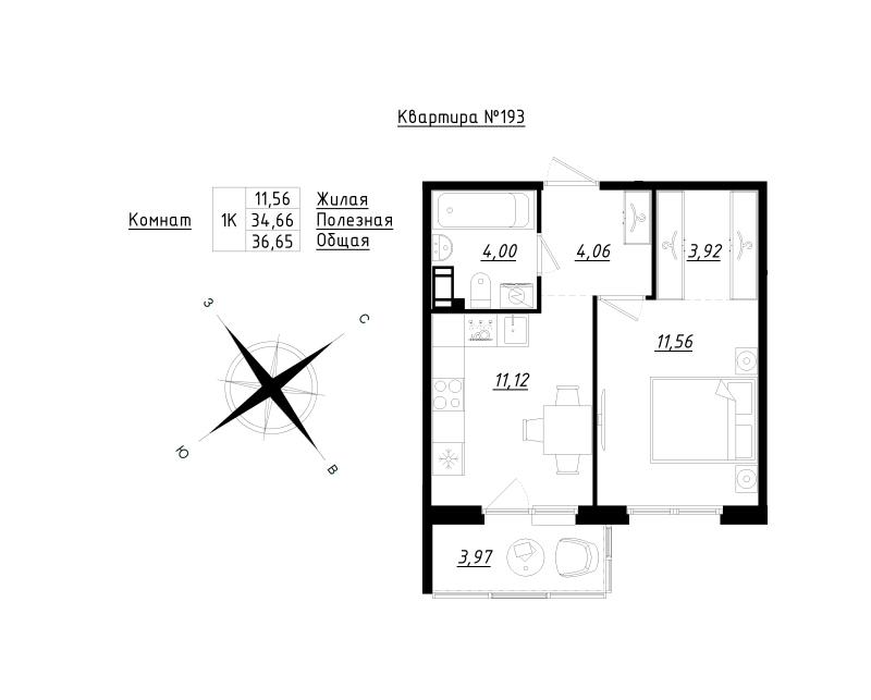 1 ккв 36,7 м²