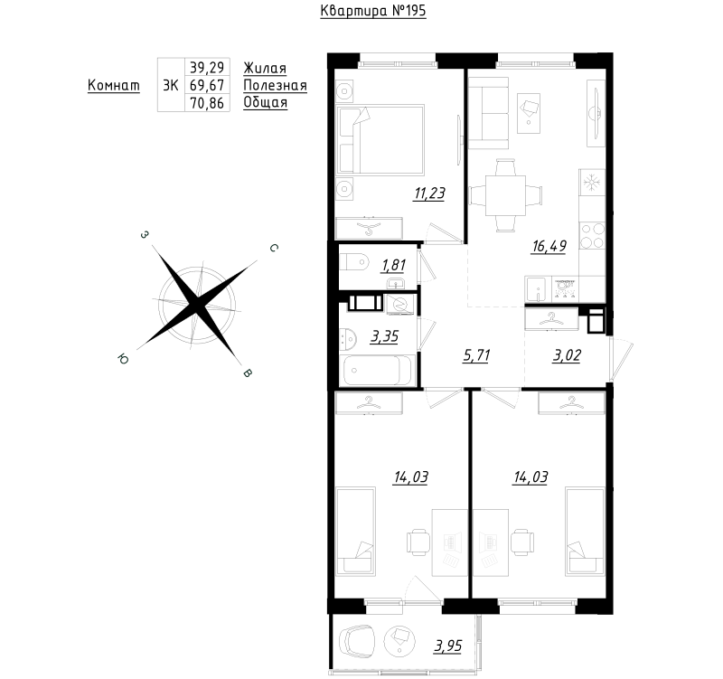 4 ккв (Евро) 70,9 м²