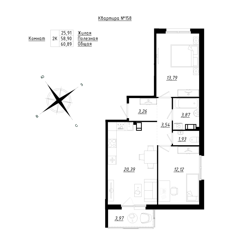 3 ккв (Евро) 60,9 м²