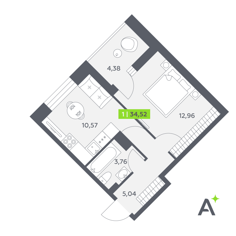 1 ккв 34,5 м²