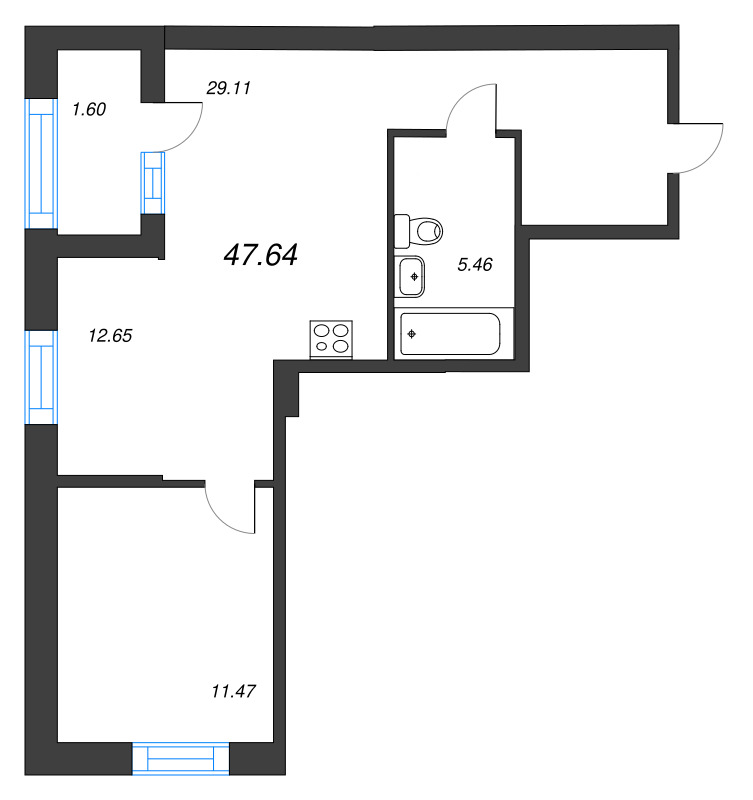 2 ккв (Евро) 47,6 м²