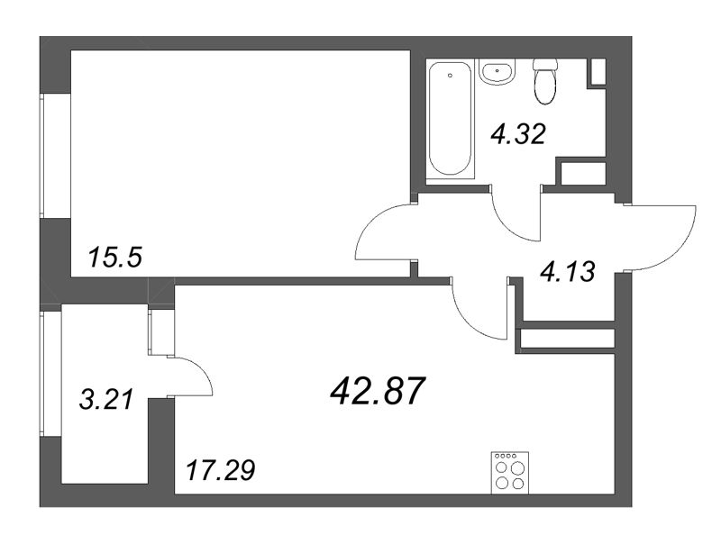 2 ккв (Евро) 42,9 м²