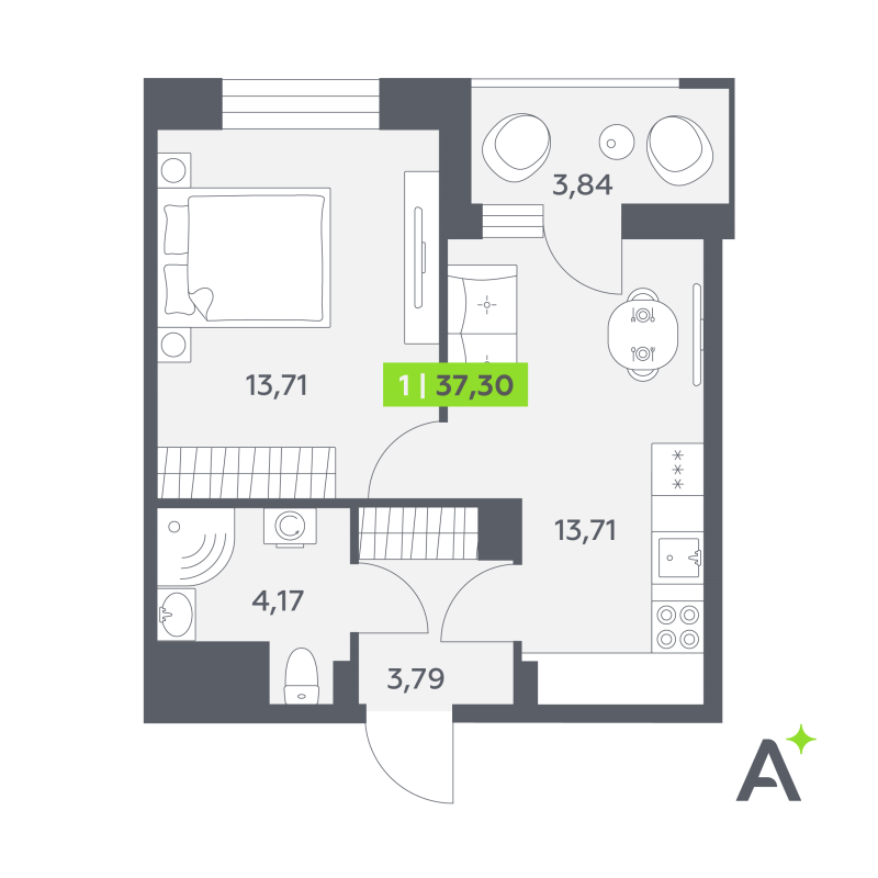 1 ккв 37,3 м²
