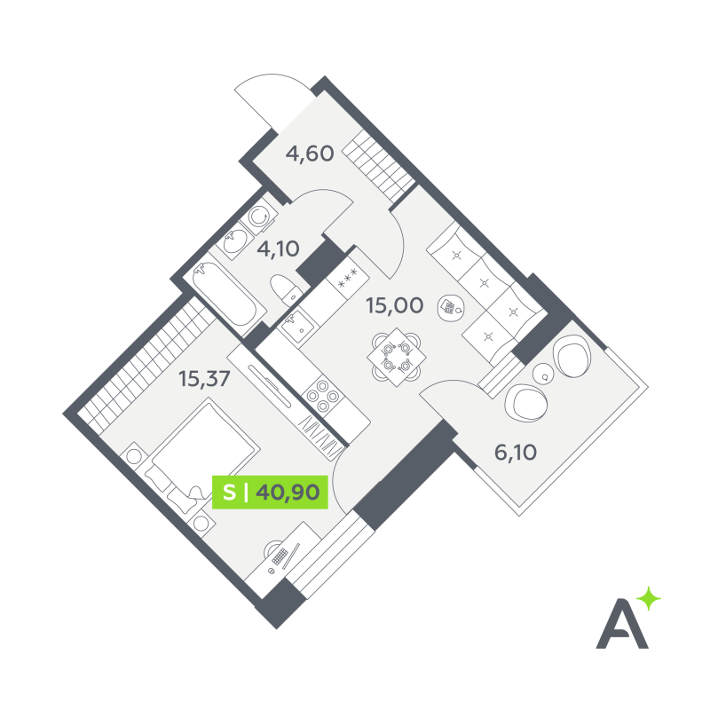 1 ккв 40,9 м²