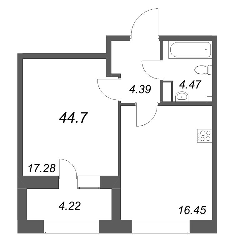 2 ккв (Евро) 44,7 м²