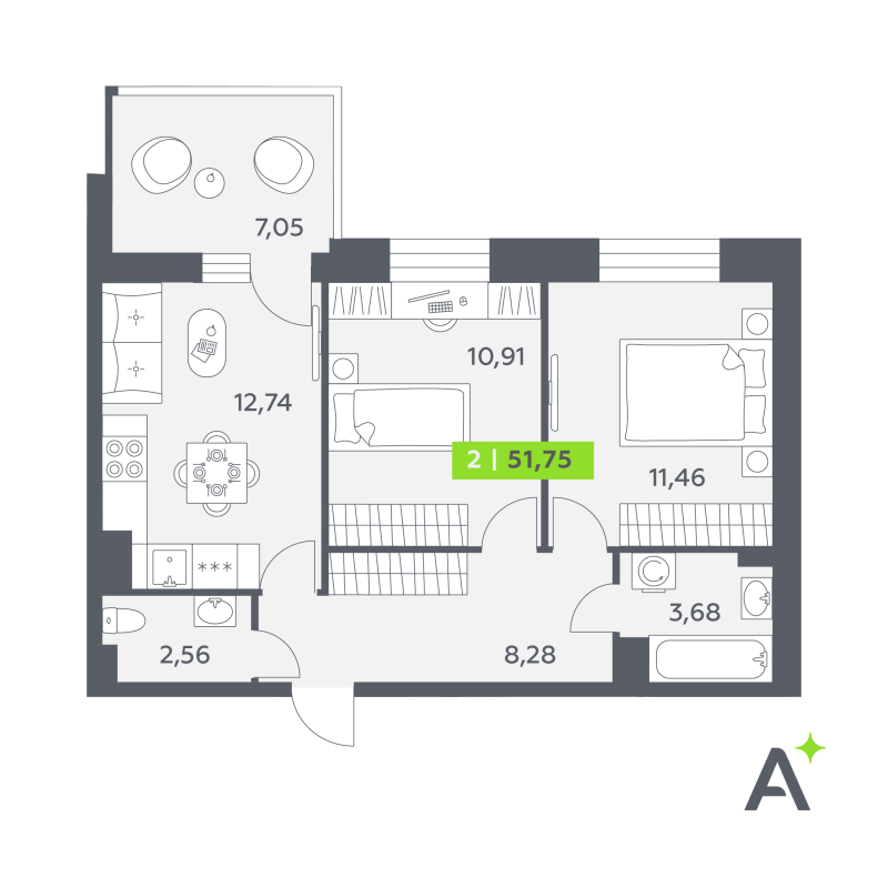 2 ккв 51,8 м²