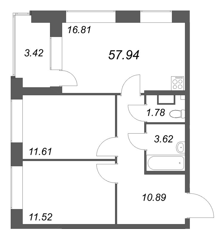 3 ккв (Евро) 57,9 м²
