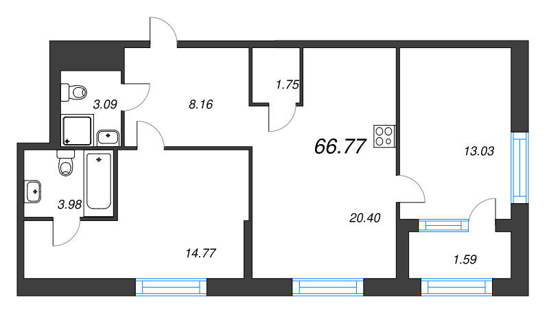 3 ккв (Евро) 66,8 м²