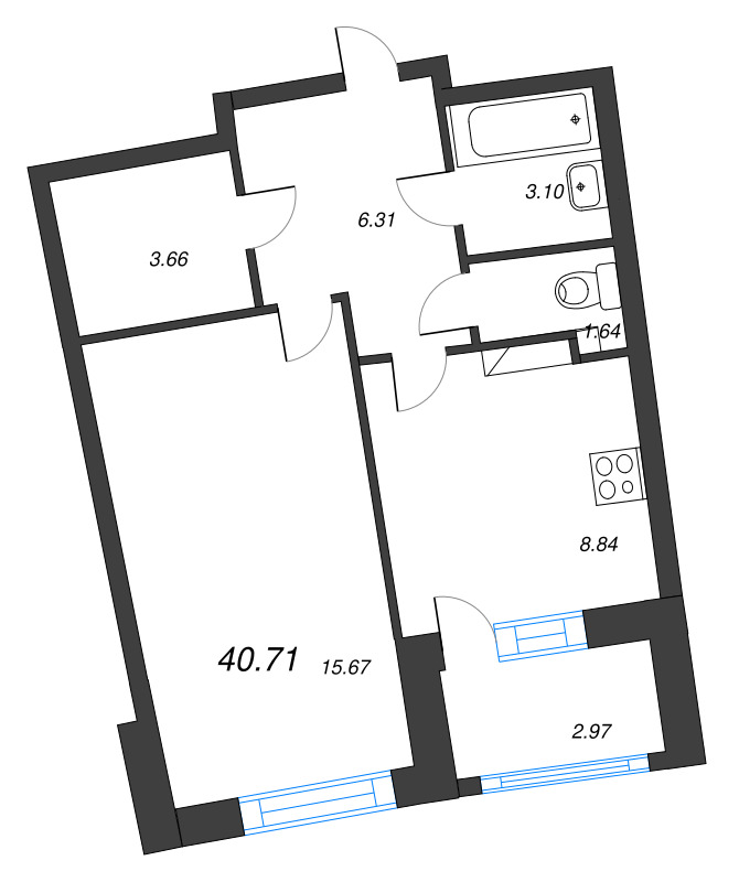 1 ккв 40,7 м²