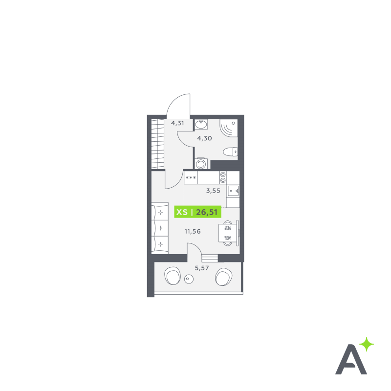 Студия 26,5 м²