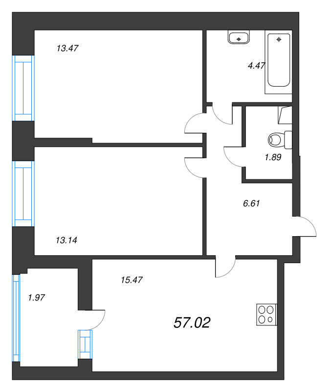 2 ккв 57 м²