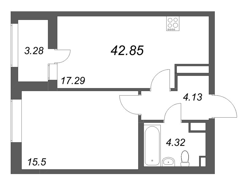 2 ккв (Евро) 42,9 м²