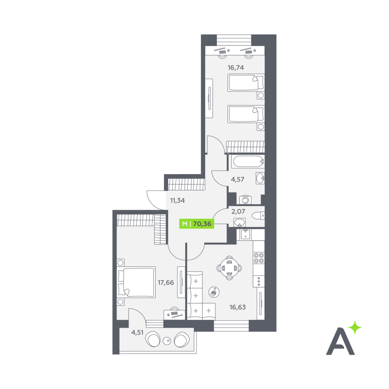 3 ккв (Евро) 70,4 м²