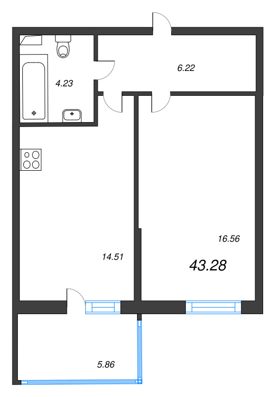 1 ккв 42,9 м²