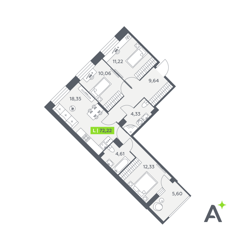 4 ккв (Евро) 72,2 м²