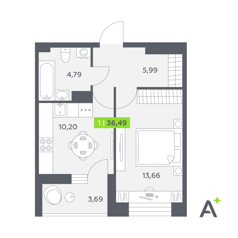 1 ккв 36,5 м²