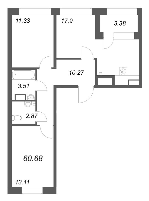 3 ккв (Евро) 60,7 м²