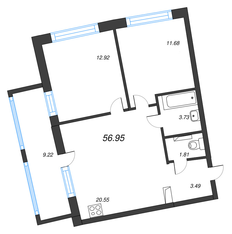 3 ккв (Евро) 57 м²