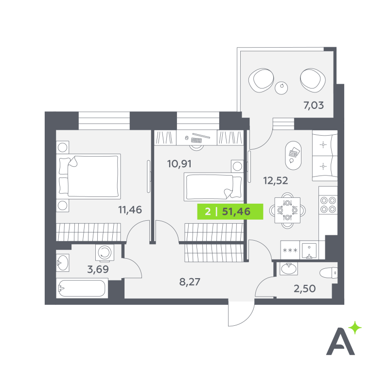 2 ккв 51,5 м²