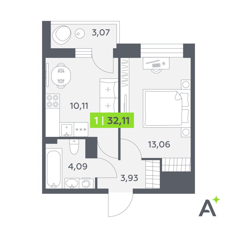 1 ккв 32,1 м²
