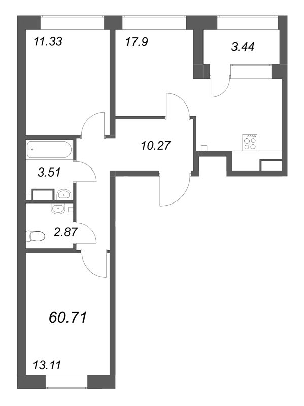 3 ккв (Евро) 60,7 м²