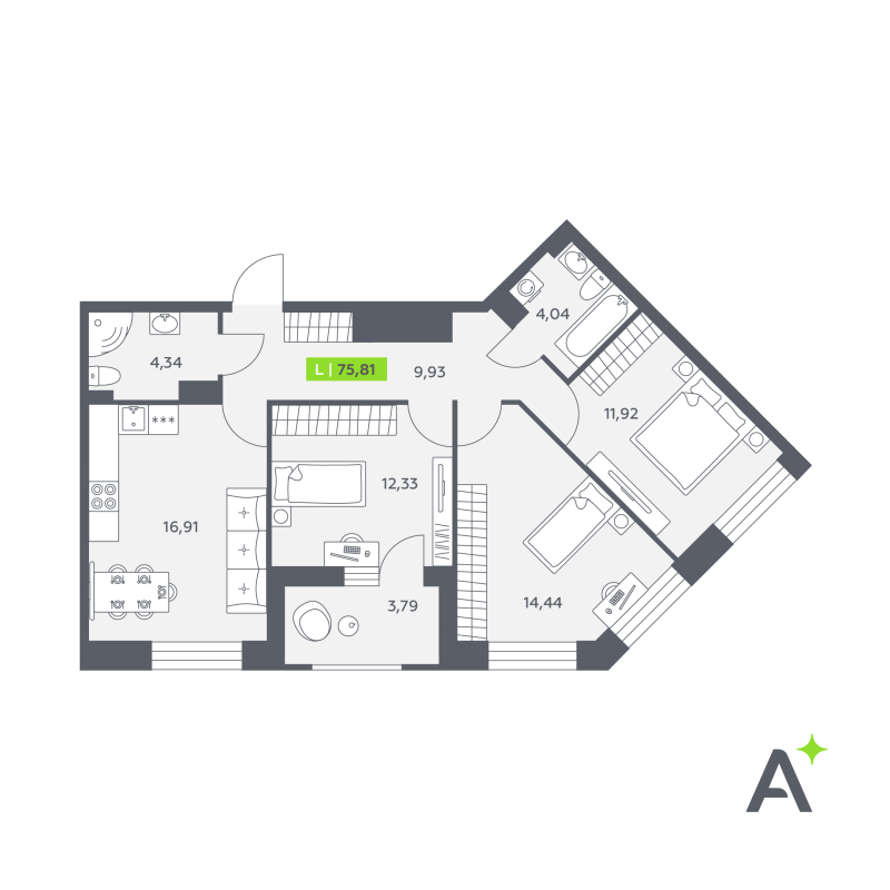 4 ккв (Евро) 75,8 м²