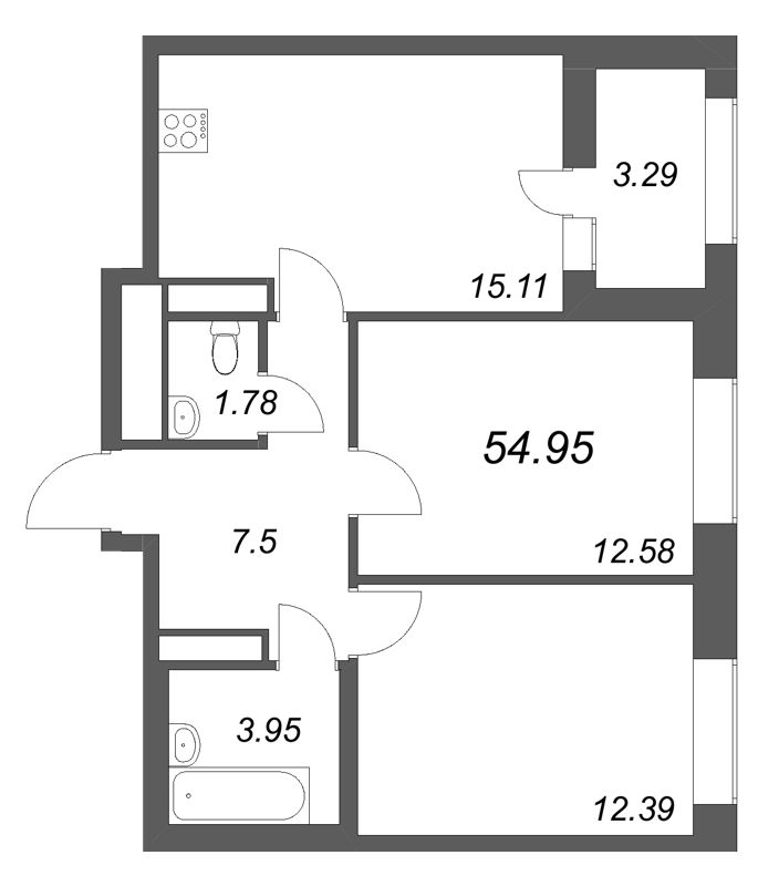 3 ккв (Евро) 55 м²