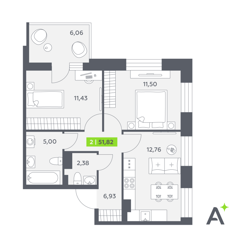 2 ккв 51,8 м²