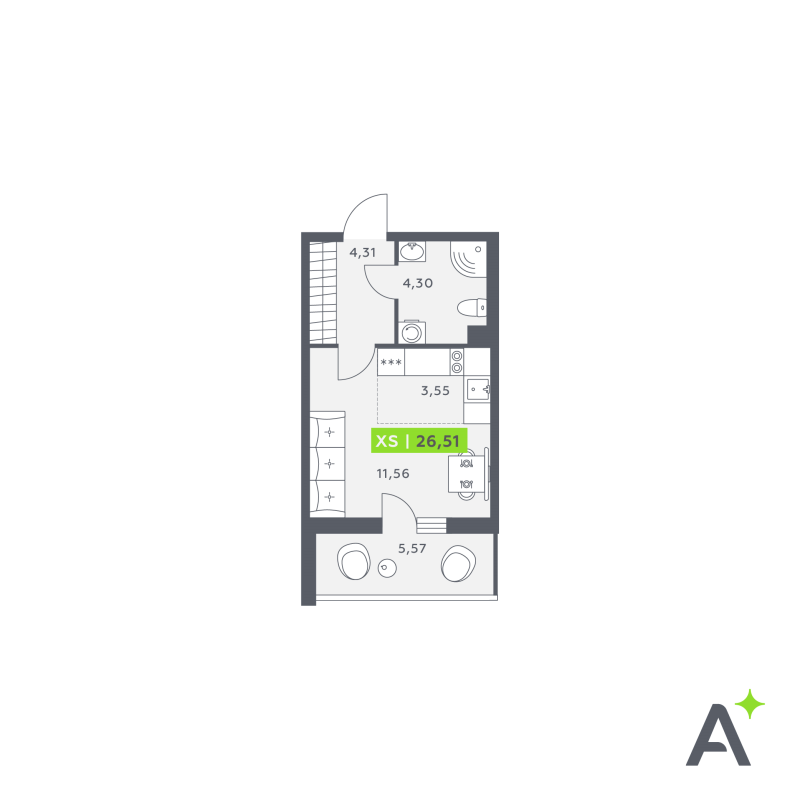 Студия 26,5 м²