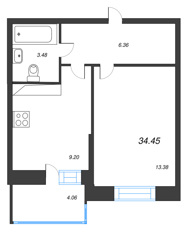1 ккв 33,8 м²