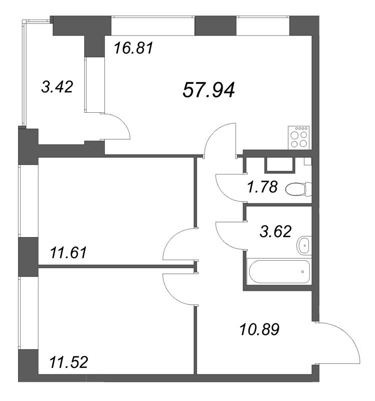 3 ккв (Евро) 57,9 м²