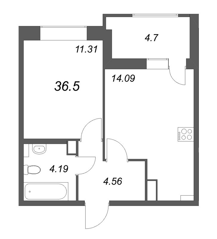 1 ккв 36,5 м²