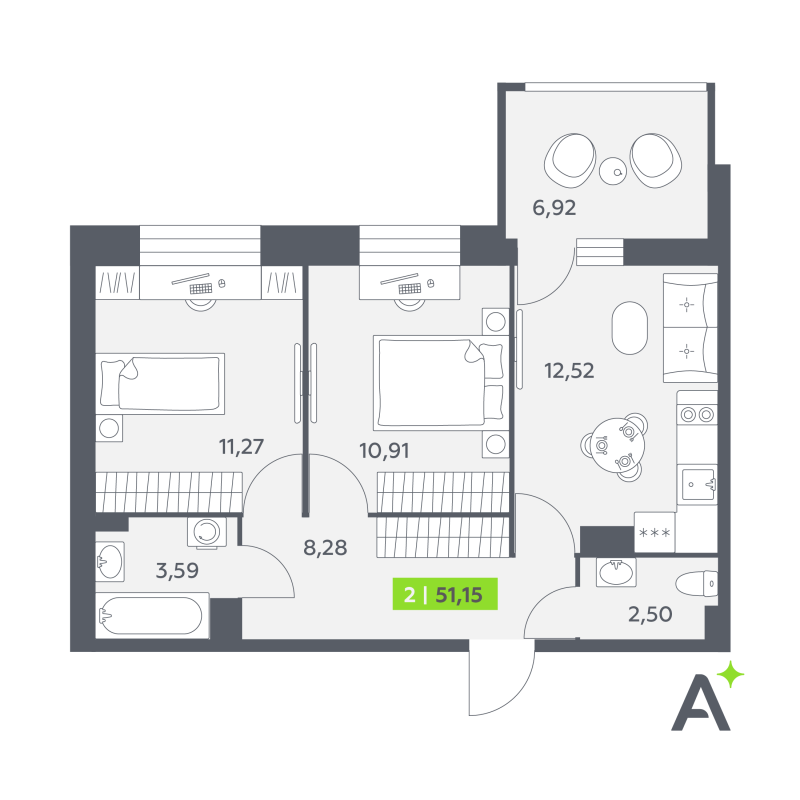 2 ккв 51,2 м²