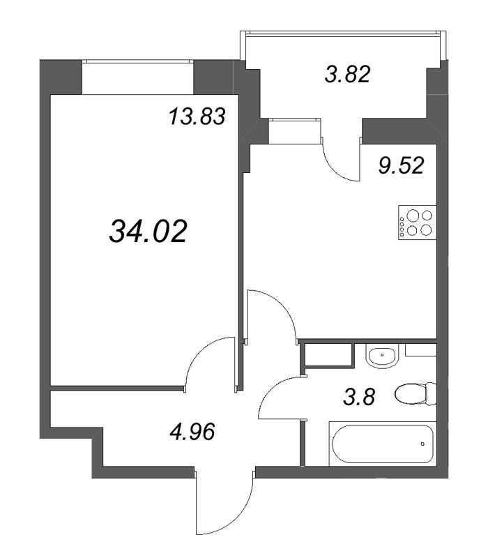 1 ккв 34 м²