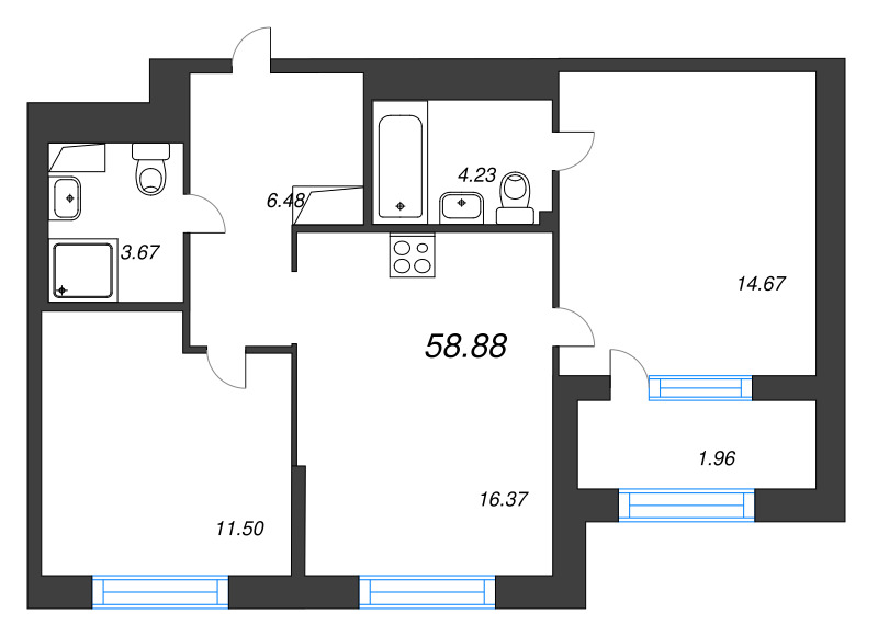 3 ккв (Евро) 58,9 м²