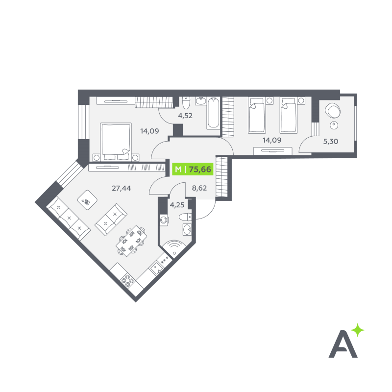 3 ккв (Евро) 75,7 м²