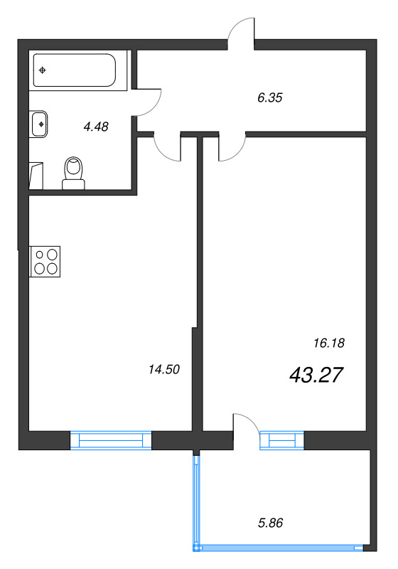 1 ккв 42,9 м²